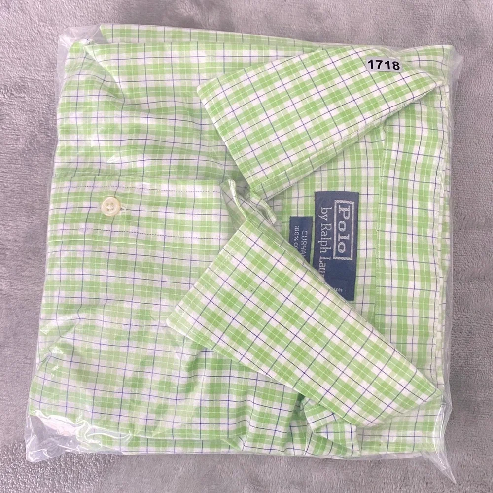 Polo‎ Ralph Lauren Button Down Mens 18-35 Green Plaid Curham Cotton Dress Shirt